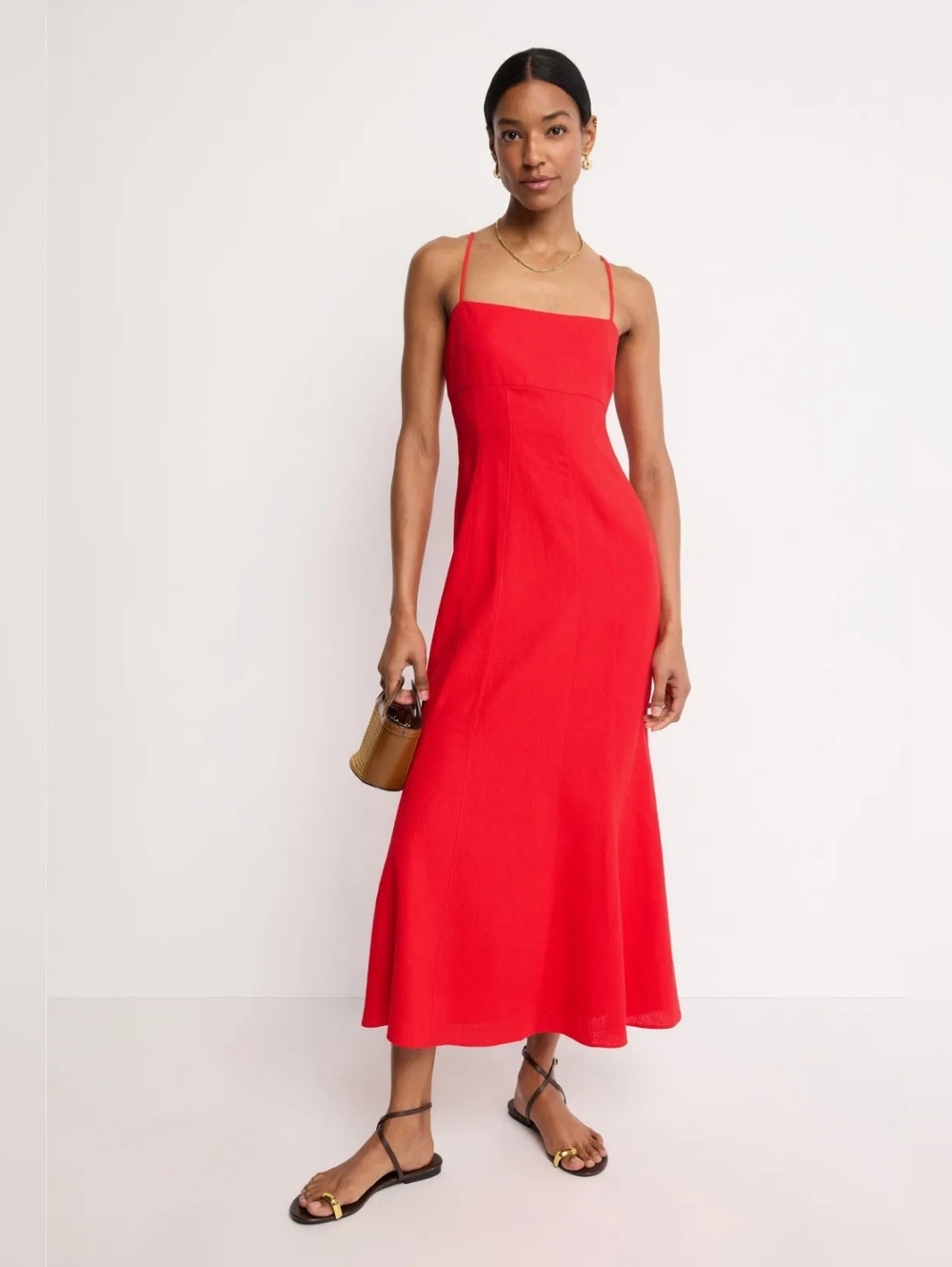 Toccin Women's Linen Sculpted Midi Dress, Red, Size 6, $525
